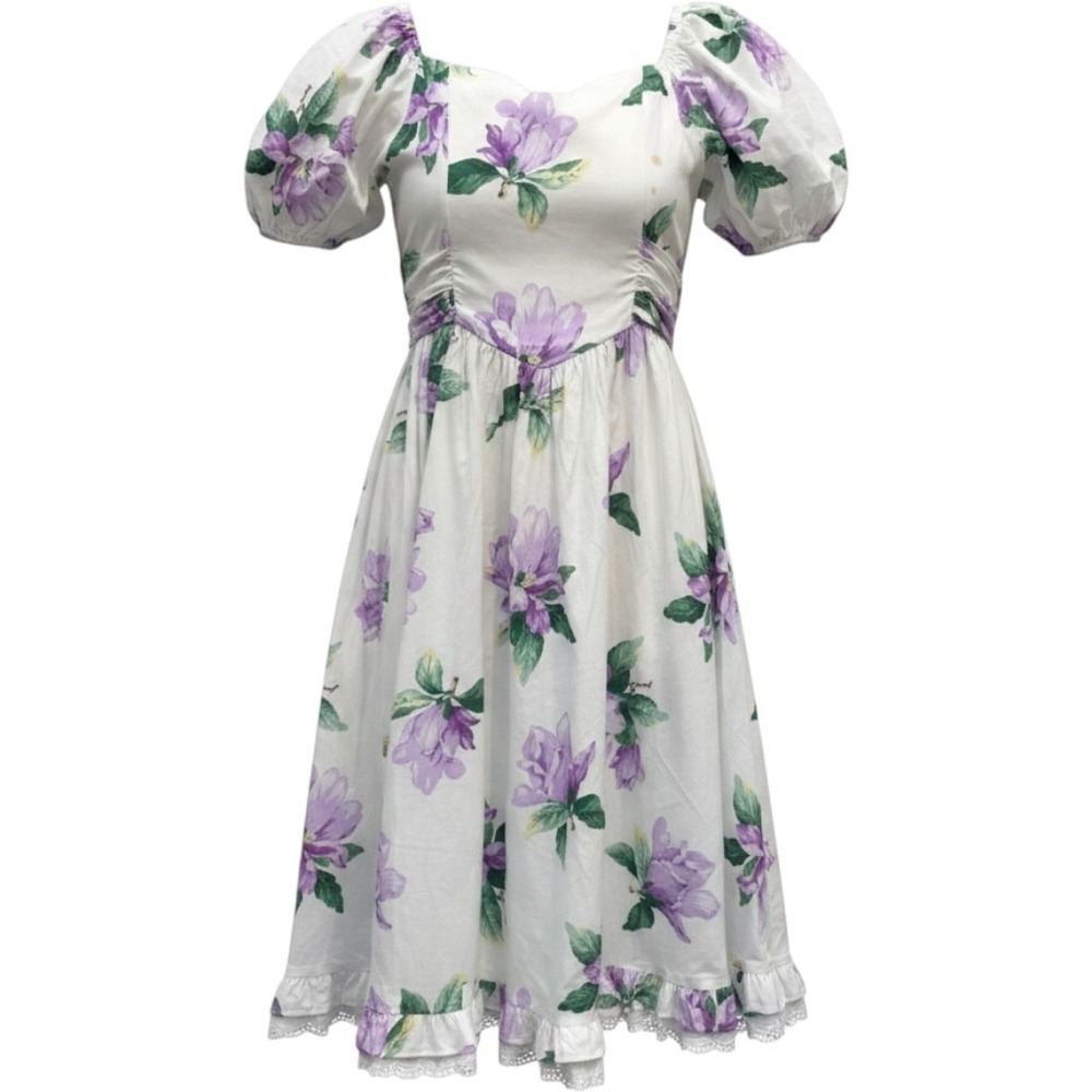 Storybook Heirloom Floral Chintz Dress Girls 10 White Purple Cottagecore Vtg